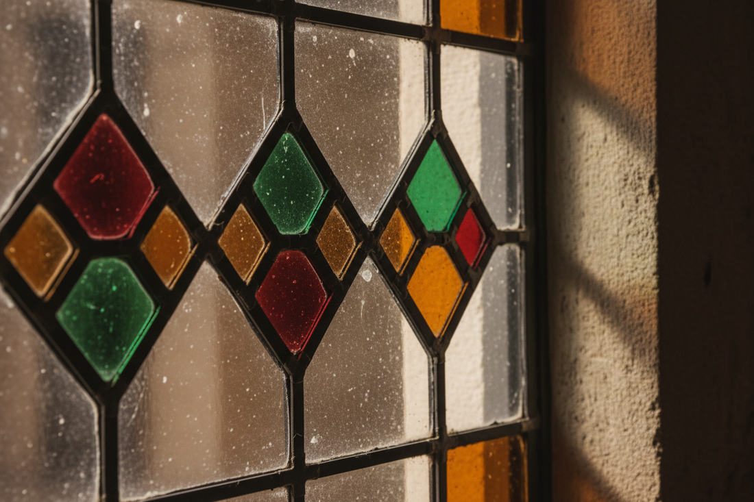 Close-up van traditionele loodprofielen in glas-in-lood met H-vormige loodkanalen