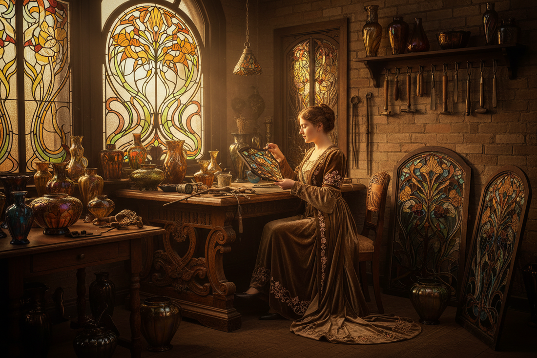 Art Nouveau werkplaats sfeer met glas-in-lood en Favrile-glas uit het tijdperk van Louis Comfort Tiffany