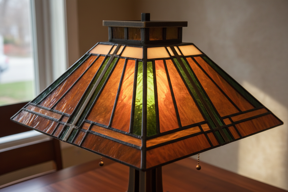 Close-up van een Tiffany Mission Style lamp met geometrische patronen en rechte lijnen