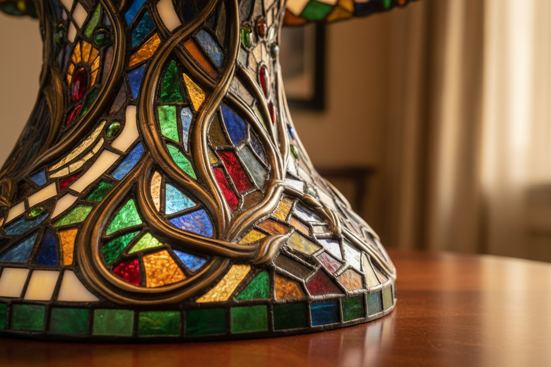 De afbeelding toont het ingewikkelde mozaïek van juweel-gekleurde glasstukjes ingelegd in bronzen metaalwerk.