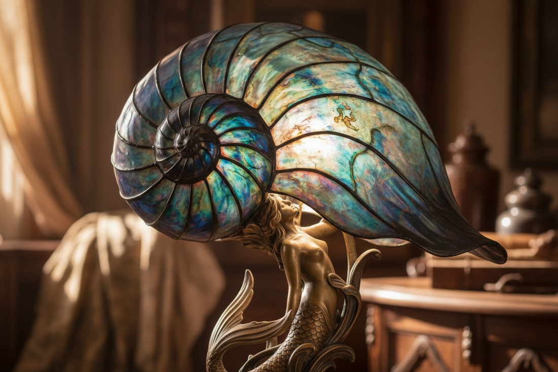 De afbeelding toont het ingewikkelde mozaïek van juweel-gekleurde glasstukjes ingelegd in bronzen metaalwerk - waar brons en glas werkelijk versmelten tot lichtgevende sculpturen.