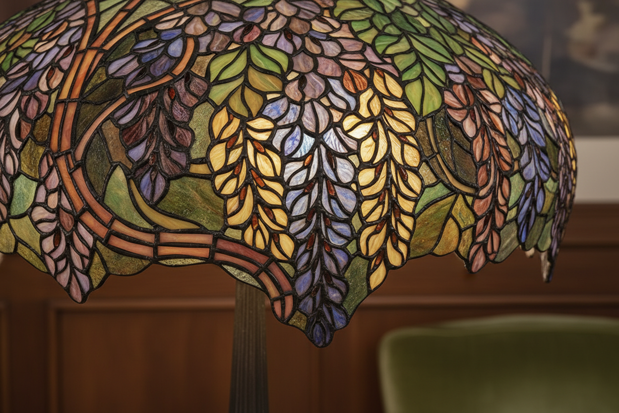 Close-up vClose-up van een onregelmatige rand op een Tiffany lamp met organische botanische vormenan een onregelmatige rand op een Tiffany lamp met organische botanische vormen