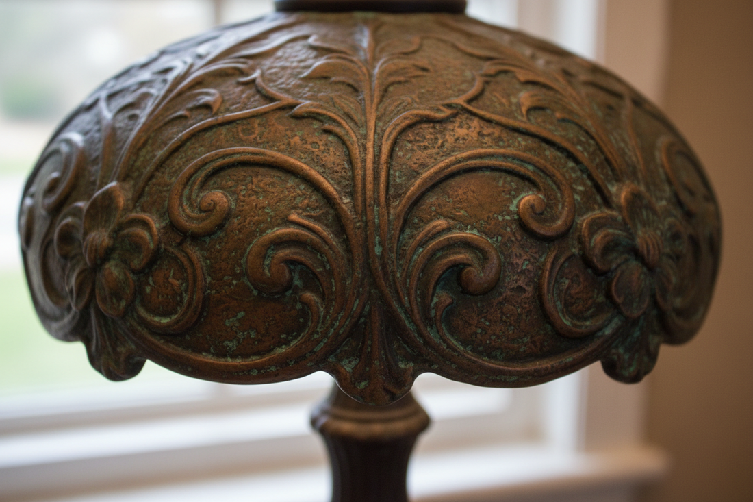 lose-up van bronzen patina afwerking op een Tiffany lamp met groen-bruine oxidatie