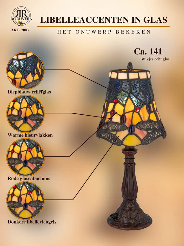 Tiffany table lamp Dragonfly accents – Amber & Deep blue – H 36 cm – Art. 7003