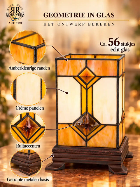 Tiffany cube table lamp – Cream, Amber & Diamond accents – H 21 cm – Art. 7150