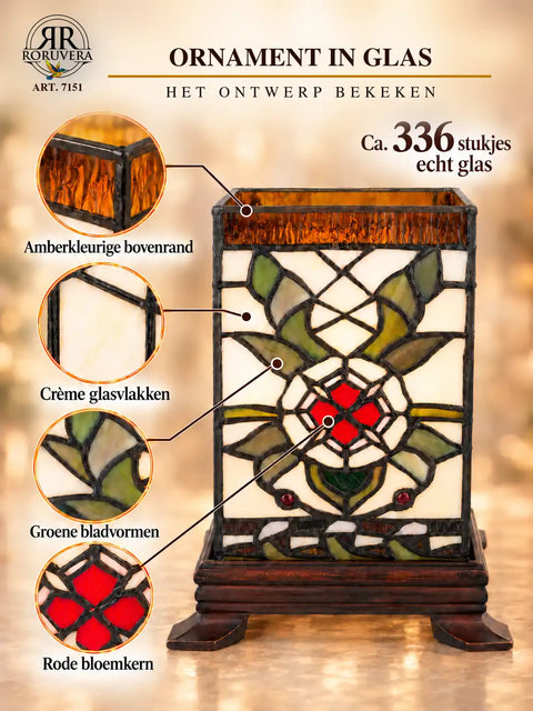 Tiffany cube table lamp – Cream, Green & Red Flower Core – H 21 cm – Item 7151