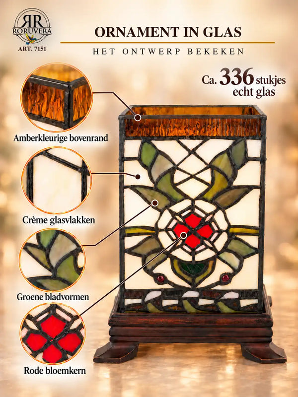 Tiffany cube table lamp – Cream, Green & Red Flower Core – H 21 cm – Item 7151