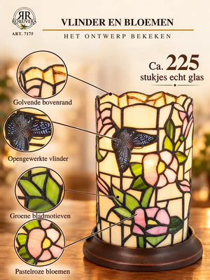 Tiffany cylinder table lamp Butterfly & Flowers – Pastel pink & Cream – H 21 cm – Art. 7175