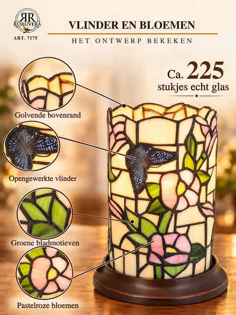 Tiffany cylinder table lamp Butterfly & Flowers – Pastel pink & Cream – H 21 cm – Art. 7175
