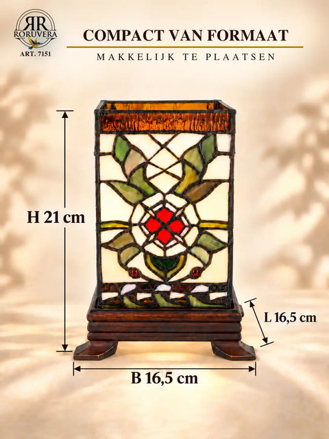Tiffany cube table lamp – Cream, Green & Red Flower Core – H 21 cm – Item 7151