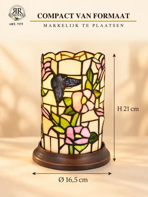 Tiffany cylinder table lamp Butterfly & Flowers – Pastel pink & Cream – H 21 cm – Art. 7175