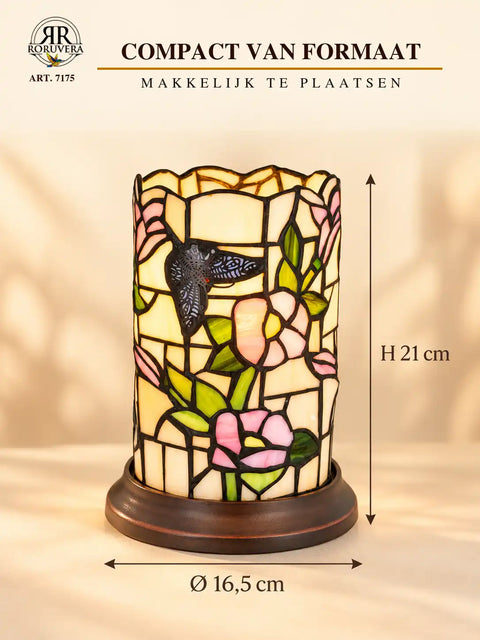 Tiffany cylinder table lamp Butterfly & Flowers – Pastel pink & Cream – H 21 cm – Art. 7175