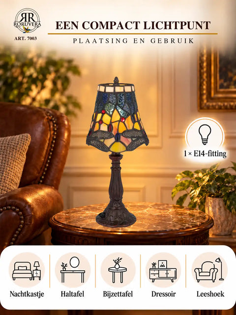 Tiffany table lamp Dragonfly accents – Amber & Deep blue – H 36 cm – Art. 7003