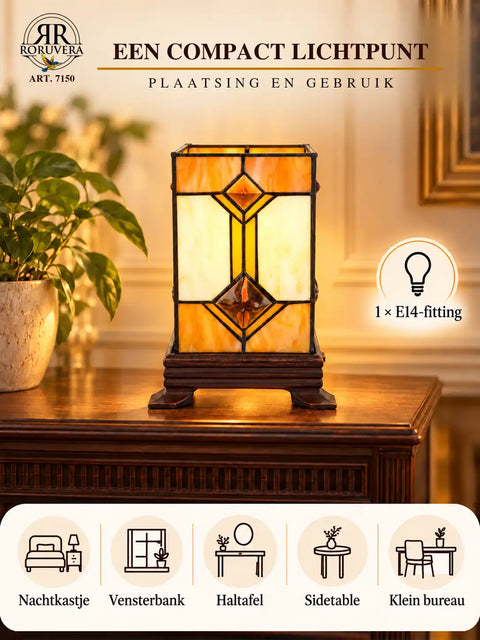 Tiffany cube table lamp – Cream, Amber & Diamond accents – H 21 cm – Art. 7150