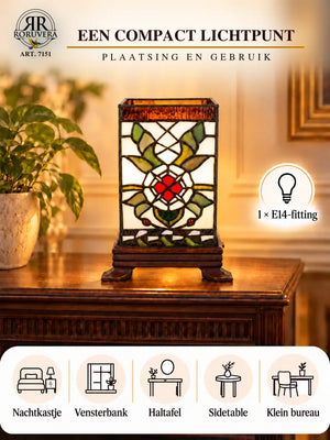 Tiffany cube table lamp – Cream, Green & Red Flower Core – H 21 cm – Item 7151