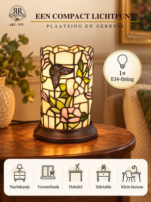 Tiffany cylinder table lamp Butterfly & Flowers – Pastel pink & Cream – H 21 cm – Art. 7175