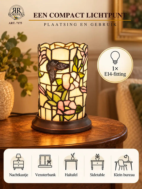 Tiffany cylinder table lamp Butterfly & Flowers – Pastel pink & Cream – H 21 cm – Art. 7175