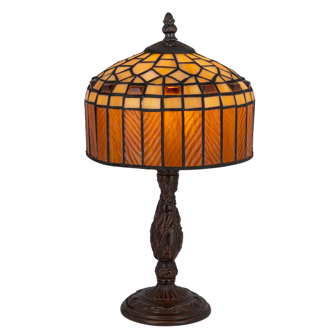 Kleine Roruvera Tiffany tafellamp geometrisch van glas in lood in warme amber- en crèmetinten, brandend