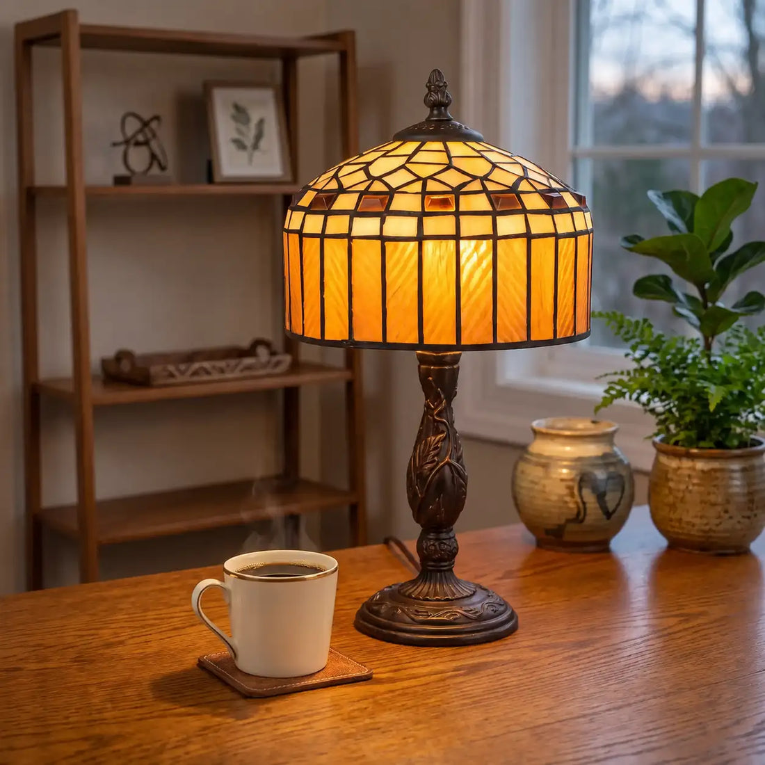 Brandende Tiffany tafellamp 7001 met geometrisch amber- en crèmekleurig glas op een houten bureau in een rustige werkkamer | RORUVERA