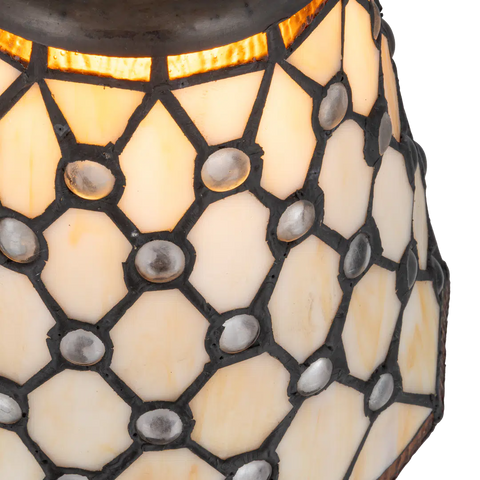Detail Tiffany tafellamp ruitpatroon van glas in lood in crème-, amber- en bruintinten