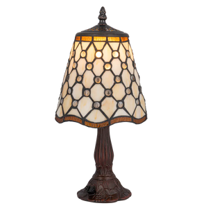 Kleine Roruvera Tiffany tafellamp ruitpatroon van glas in lood in crème-, amber- en bruintinten, brandend