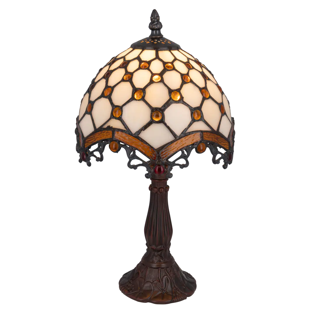 Kleine Roruvera Tiffany tafellamp geometrisch met sierrand van glas in lood in crème- en bruintinten, brandend