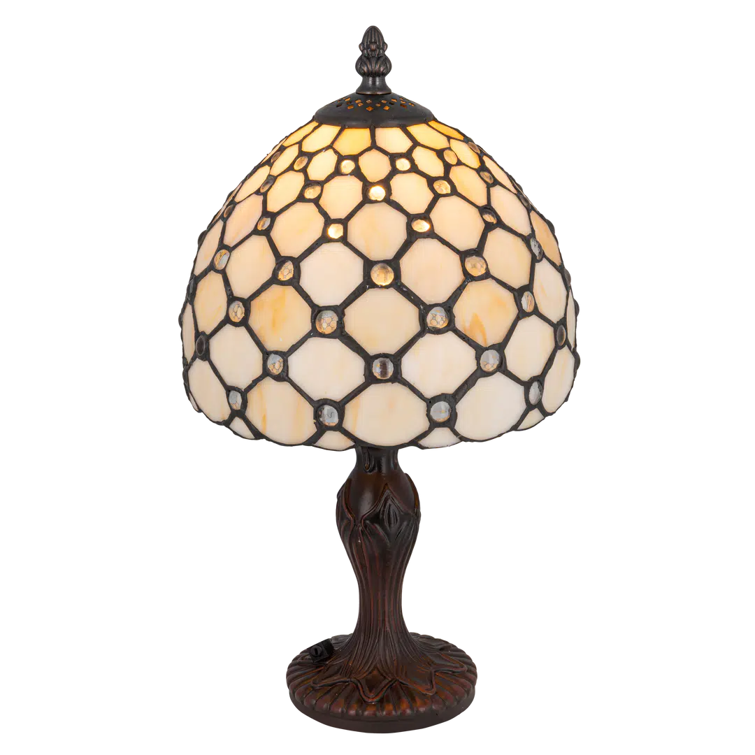 Kleine Roruvera Tiffany tafellamp honingraatpatroon van glas in lood in crème-, warm wit- en beige­tinten , brandend