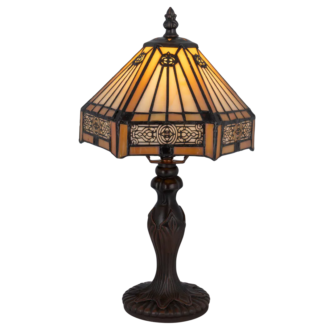 Kleine Roruvera Tiffany tafellamp art deco van glas in lood in crème-, amber- en bruintinten, brandend