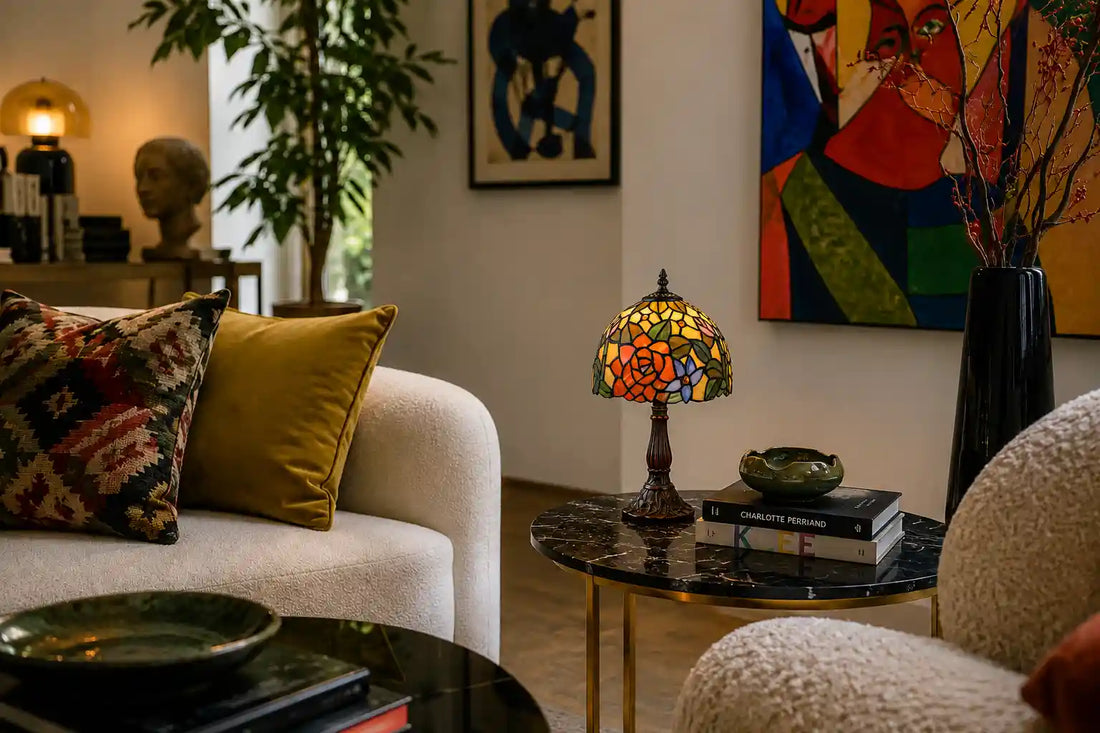 Tiffany tafellamp met kleurrijk rozenmotief op een donker bijzettafeltje in een moderne artistieke woonkamer | RORUVERA