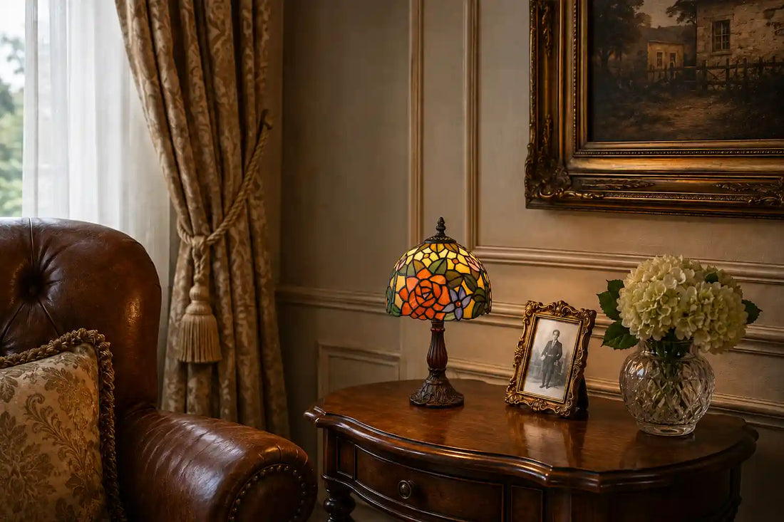 Tiffany tafellamp met kleurrijk rozenmotief op een houten hoektafeltje in een klassieke woonkamer | RORUVERA