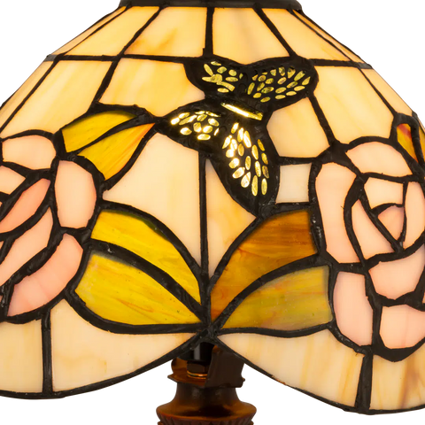 Detail Tiffany tafellamp bloemen en vlinders van glas in lood in crème-, roze- en geeltinten
