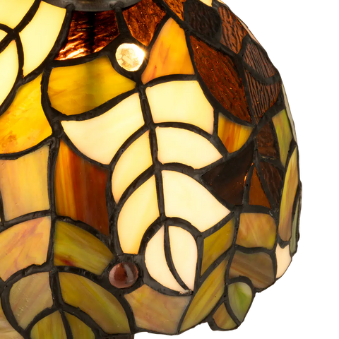 Detail Tiffany tafellamp herfst en bladeren van glas in lood in crème-, groen- en amber­tinten