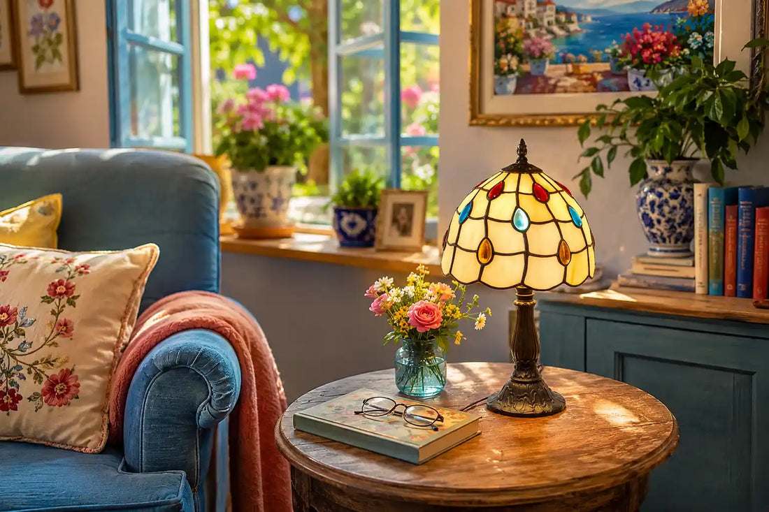 Tiffany tafellamp met crème glas en kleurrijke druppelaccenten in een lichte, schilderachtige woonkamer met blauwe fauteuil, bloemen en planten | RORUVERA