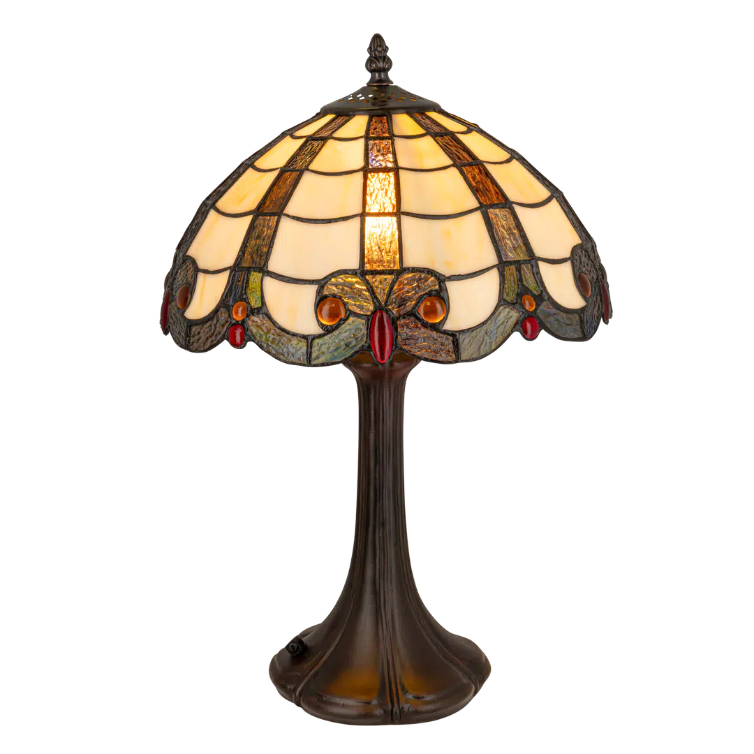 Middelgrote Roruvera Tiffany tafellamp klassiek art deco van glas in lood in crème- en ambertinten, brandend