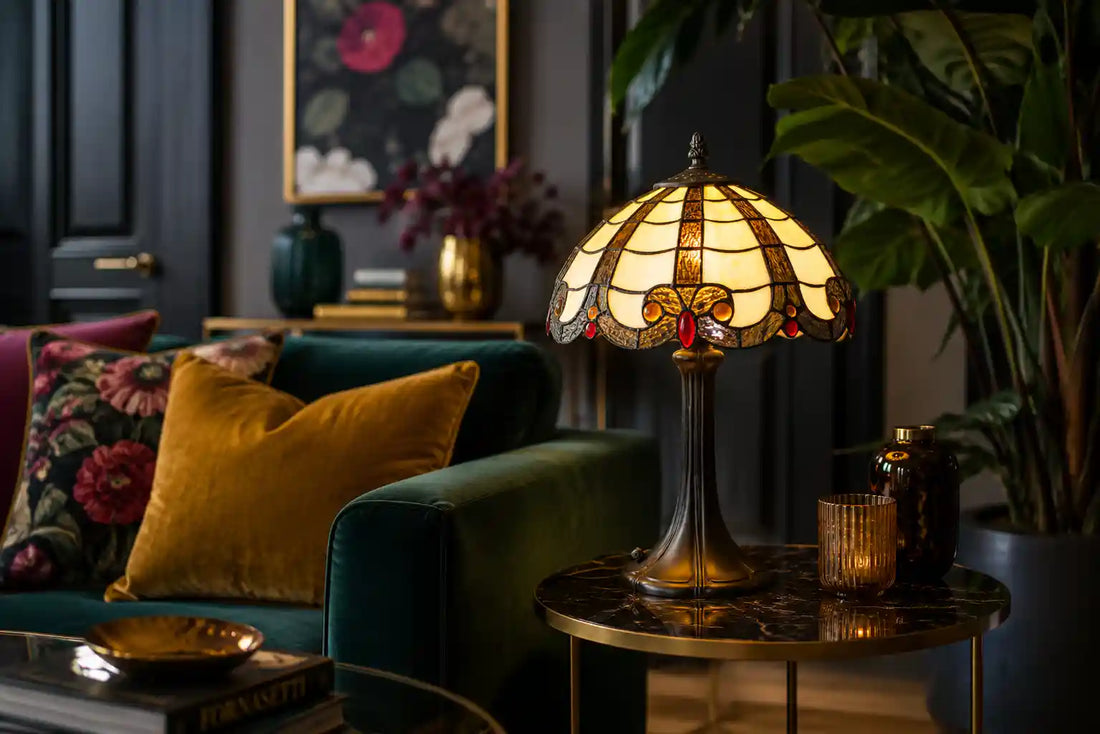 Tiffany tafellamp met crème glas-in-lood kap en rode glasaccenten op een donker bijzettafeltje in een sfeervolle woonkamer | RORUVERA
