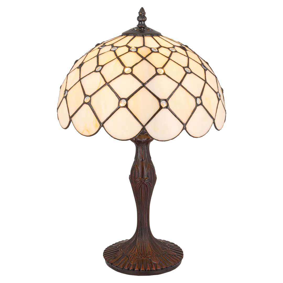 Middelgrote Roruvera Tiffany tafellamp ruitpatroon rustig van glas in lood in crème-, beige- en wit­tinten, brandend