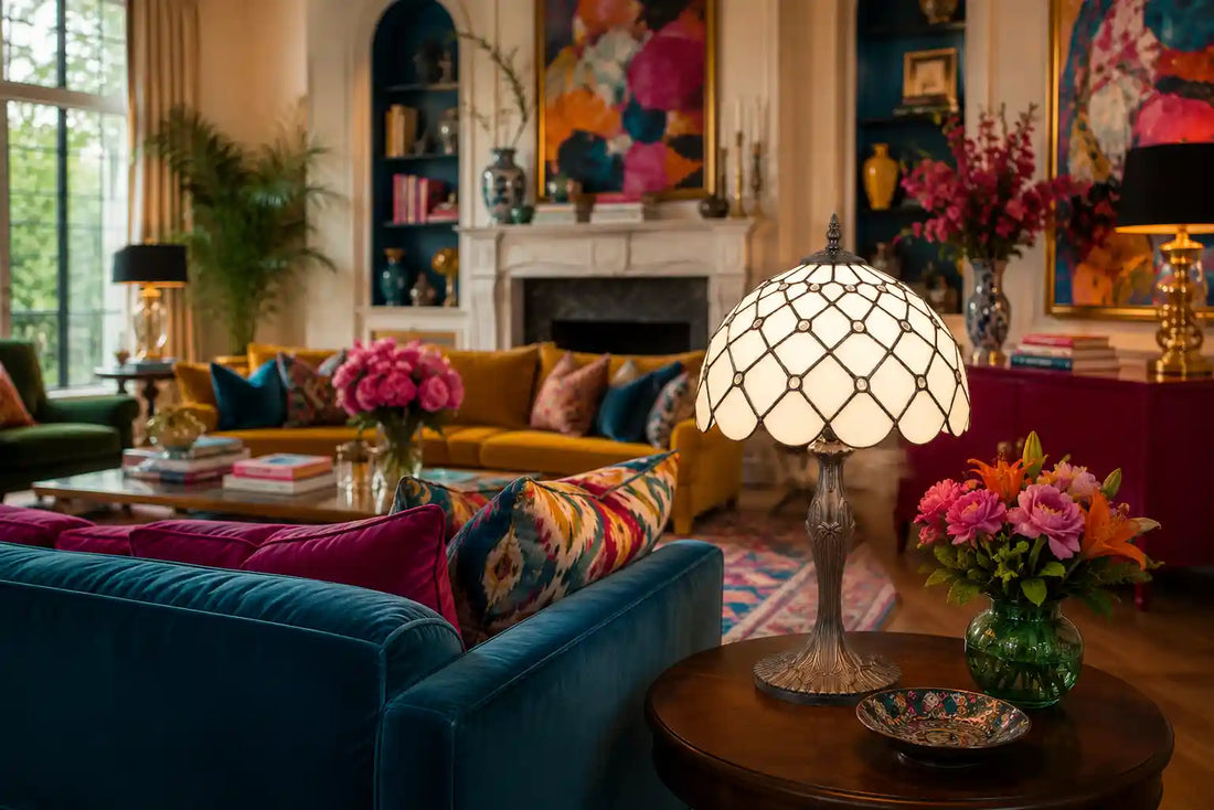 Tiffany tafellamp met crème glas-in-lood kap en ruitpatroon in een grote kleurrijke woonkamer met blauwe en okergele banken, kunst, bloemen en uitgesproken woonaccessoires | RORUVERA