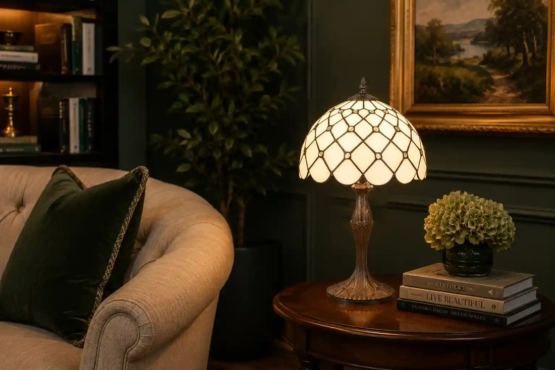 Tiffany tafellamp met crème glas-in-lood kap en ruitpatroon op een houten bijzettafel in een sfeervolle woonkamer met donkergroene wanden, fauteuil en klassieke details | RORVERA