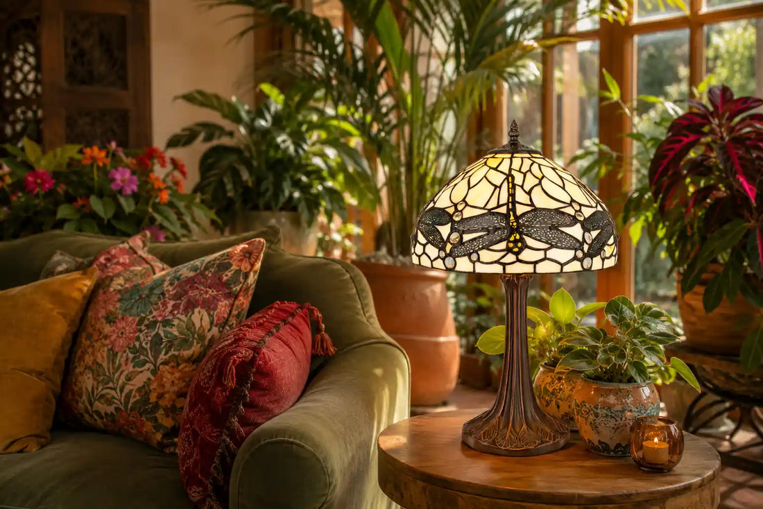 Tiffany tafellamp met libellenmotief en crème glas-in-lood kap op een houten bijzettafel in een kleurrijke woonkamer vol groene planten en warme natuurlijke accenten | RORUVERA