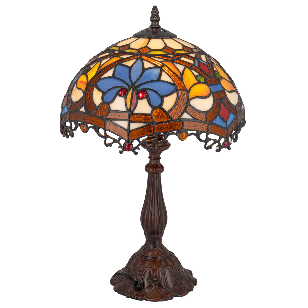 Middelgrote Roruvera Tiffany tafellamp art nouveau met  sierrand van glas in lood in blauw- en ambertinten, brandend