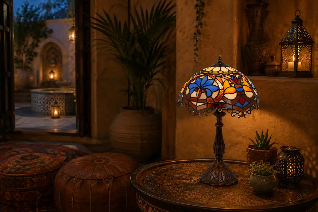 Kleurrijke Tiffany tafellamp met bloemmotief op een sierlijke ronde tafel in een warme wereldse woonomgeving met aardetinten, planten, lantaarns en uitzicht op een sfeervolle binnenplaats | RORUVERA