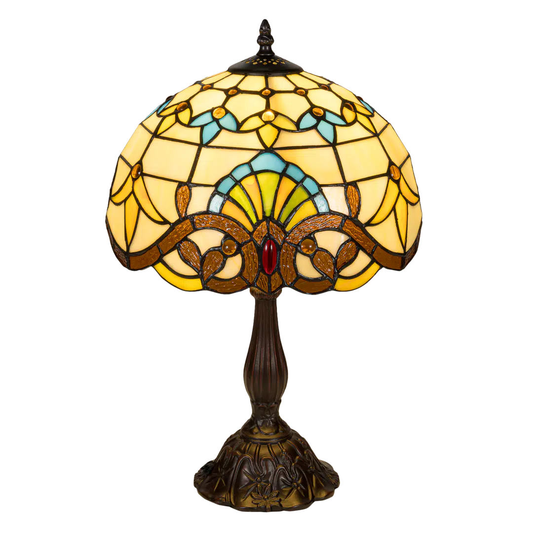 Middelgrote Roruvera Tiffany tafellamp sierlijk art nouveau van glas in lood in crème-, geel- en blauw­tinten, brandend