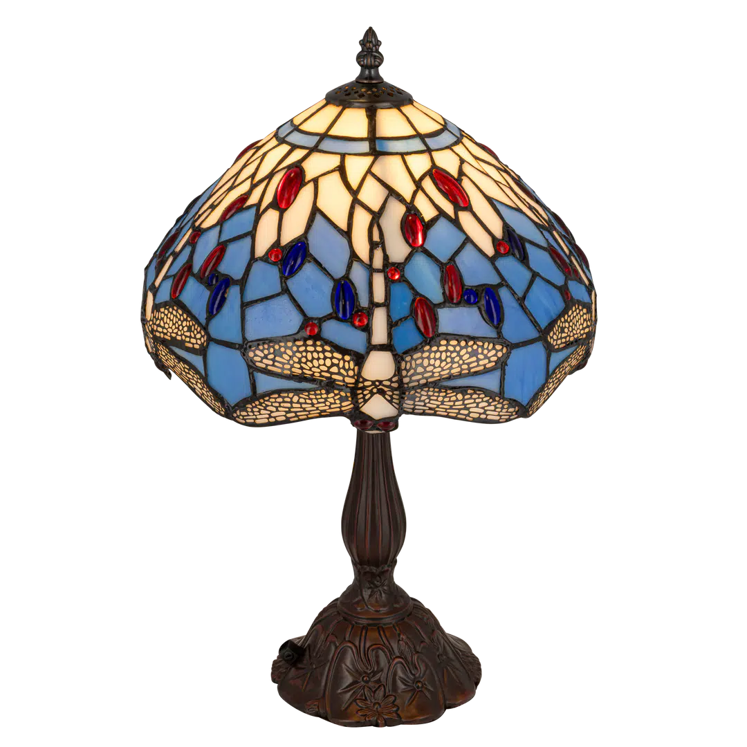 Middelgrote Roruvera Tiffany tafellamp libellen van glas in lood in crème-, blauw- en roodtinten, brandend