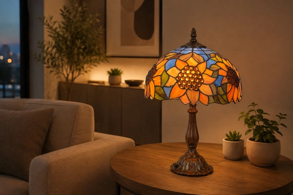 Kleurrijke Tiffany tafellamp met oranje bloemmotief en blauwe glas-in-lood accenten als warm lichtpunt in een sfeervolle, uitgesproken woonomgeving met rijke kleuren en decoratieve elementen | RORUVERA
