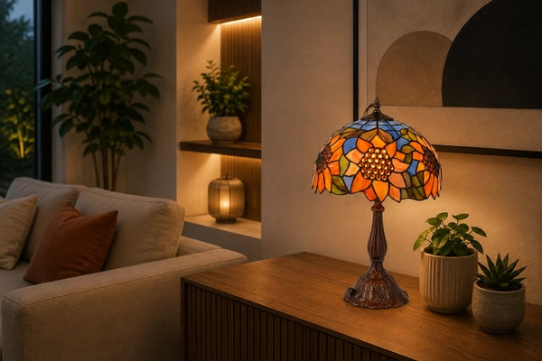 Tiffany tafellamp met groot bloemmotief in oranje, blauw en groen glas-in-lood op een ronde houten tafel in een moderne, warme woonkamer met neutrale meubels en kleine groene planten | RORUVERA