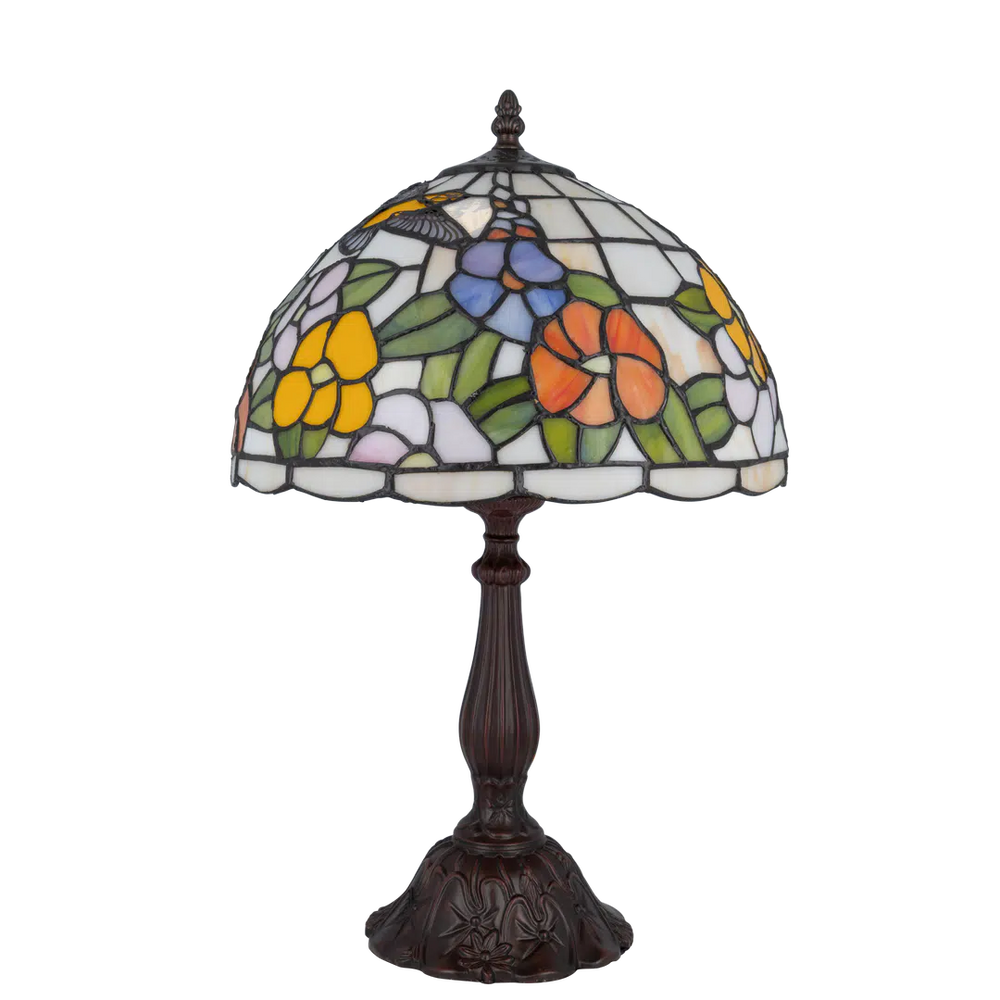 Middelgrote Roruvera Tiffany tafellamp bloemen en kolibrie van glas in lood in natuurlijke kleuren, brandend