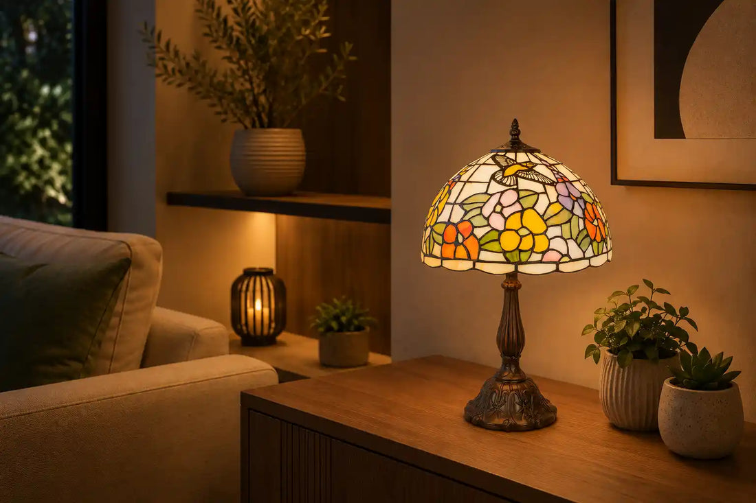 Tiffany tafellamp met kleurrijk bloem- en vogelmotief in geel, oranje, roze en groen glas-in-lood op een houten dressoir in een moderne woonkamer met warme aardetinten en groene planten | RORUVERA