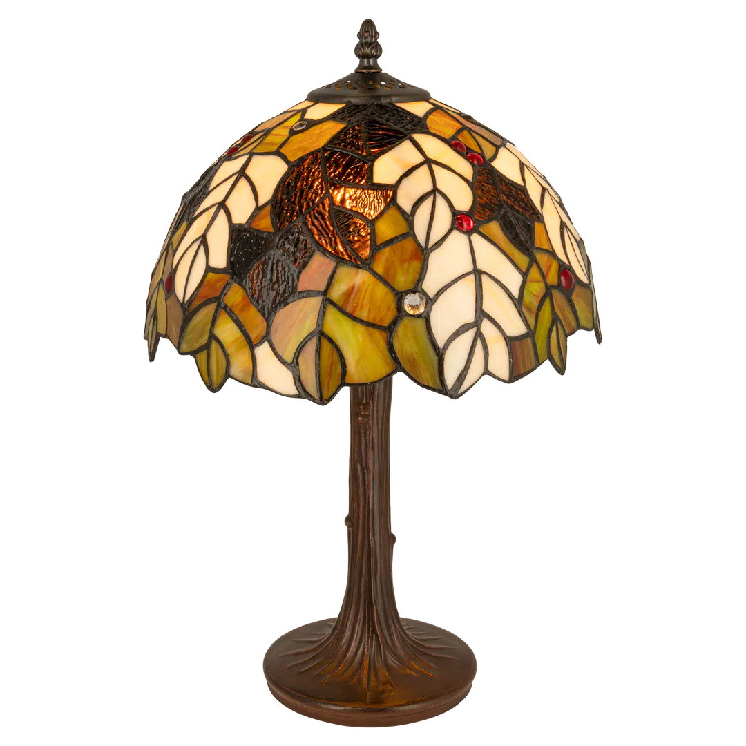 Tiffany tafellamp – Bladmotief & Boomstamvoet – Ø 30,5 × H 46 cm (Art. 7033)