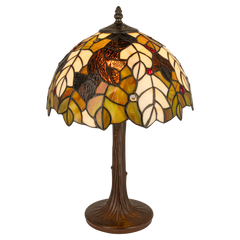 Tiffany tafellamp – Bladmotief & Boomstamvoet – Ø 30,5 × H 46 cm (Art. 7033)