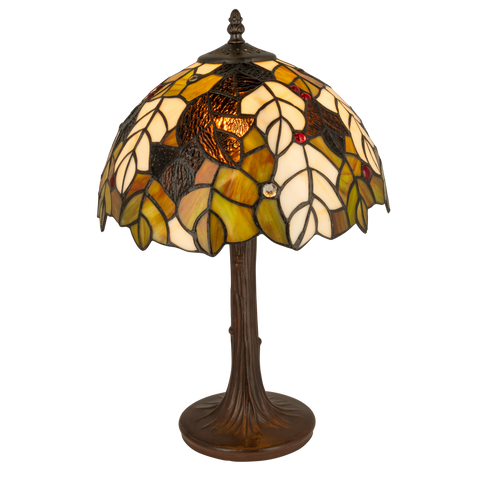 Tiffany tafellamp – Bladmotief & Boomstamvoet – Ø 30,5 × H 46 cm (Art. 7033)